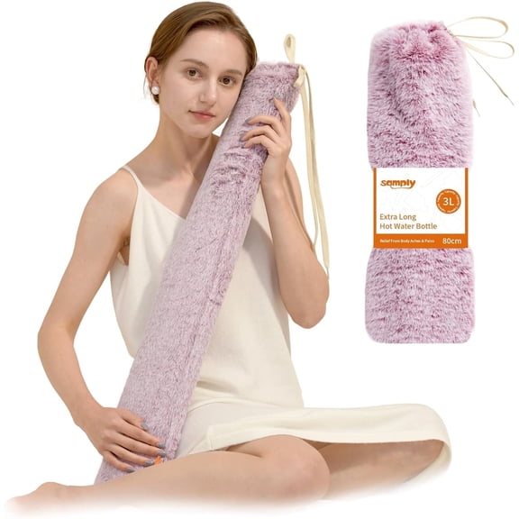 Samply Long Hot Water Bottle - 3L Large Capacity, Hot Water Bag with Furry Cover, Purple