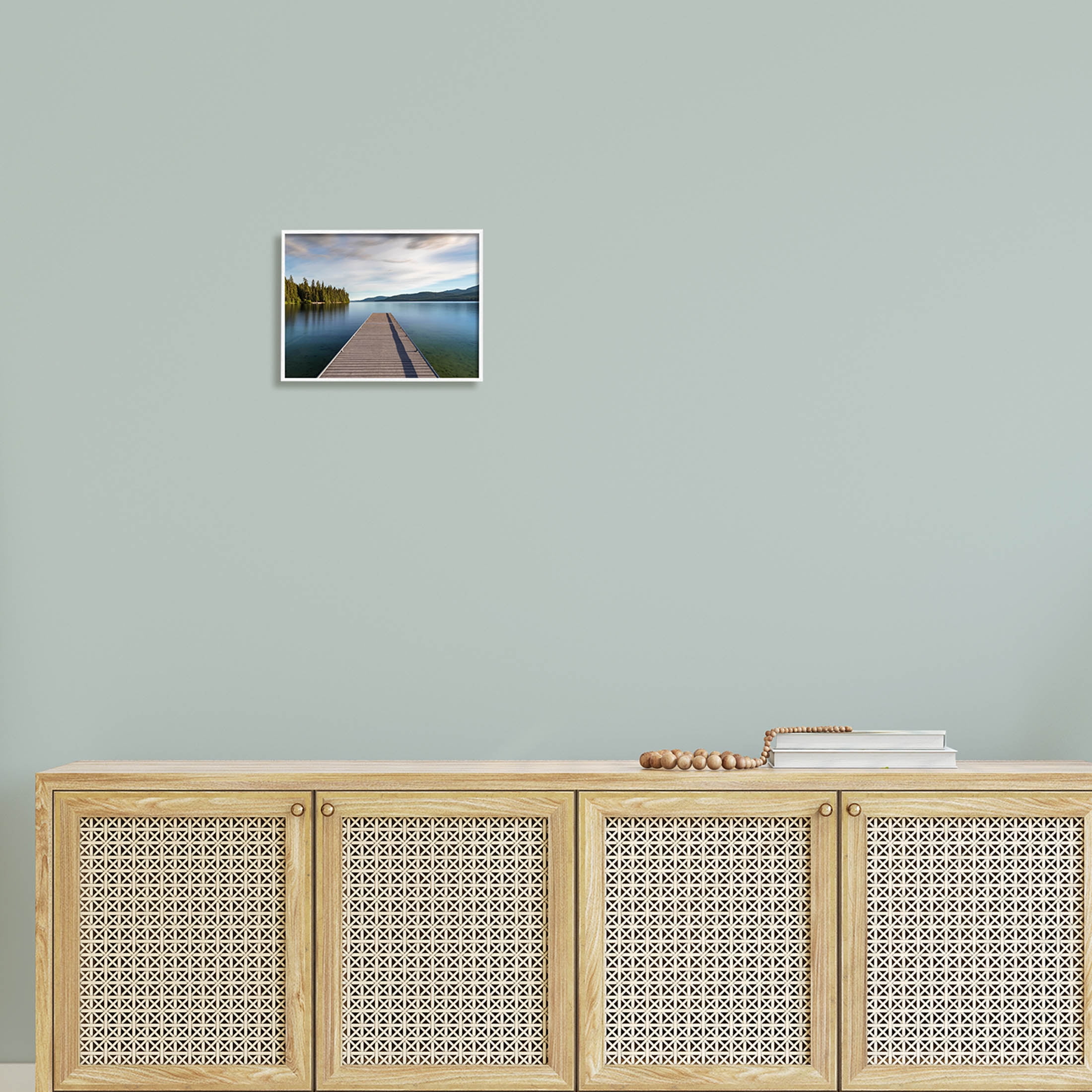 Soothing Lake Dock Mountains Landscape Photograph White Framed Art Print Wall Art