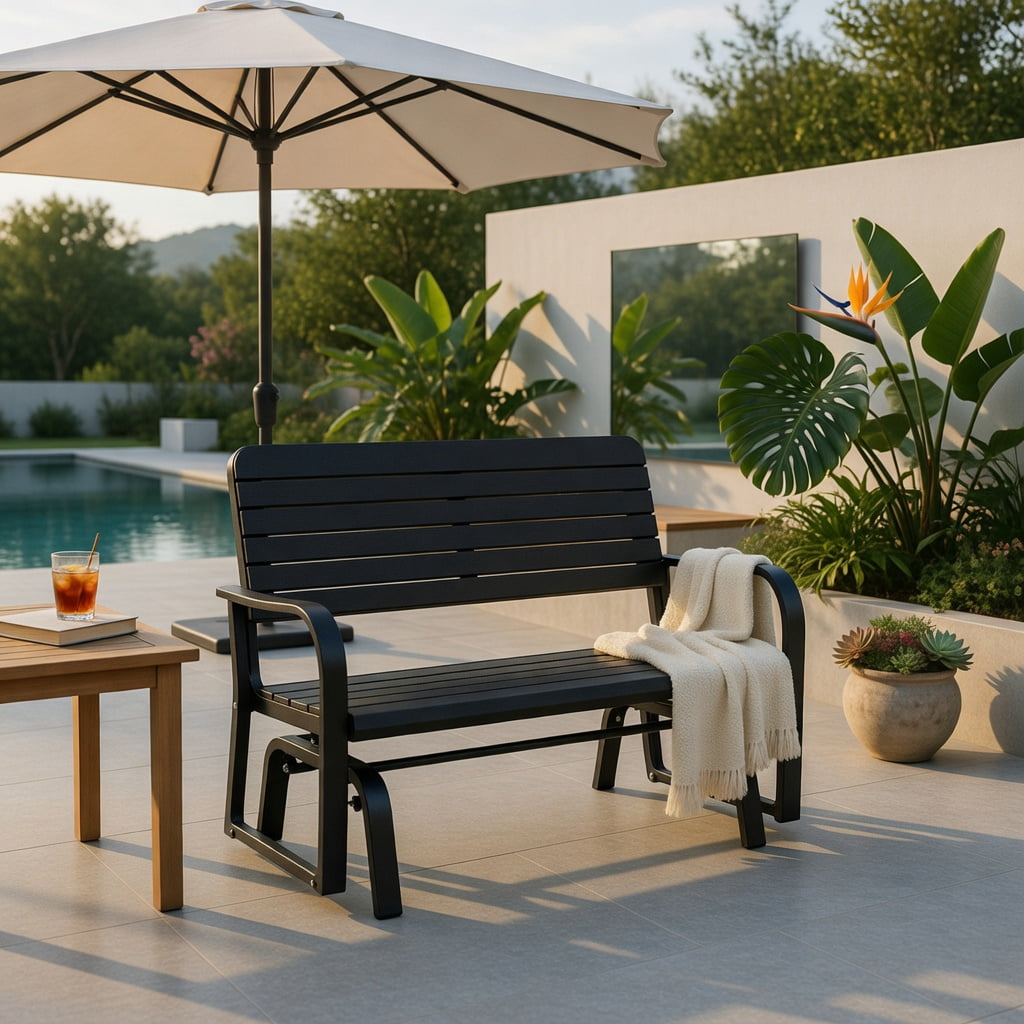 Hommoo 2-Seat Outdoor Porch Glider Chair with Heavy-Duty Steel Frame & Weather-Resistant HDPE Slats, Black
