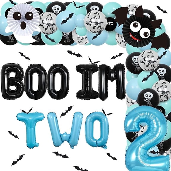 Halloween 2nd Birthday Party Decorations, Boo Im Two Decor Birthday Boy, Blue and Black Balloon Arch Kit, Ghost Number 2 Foil Balloons Bat Halloween Stickers for 2 Year Old Party