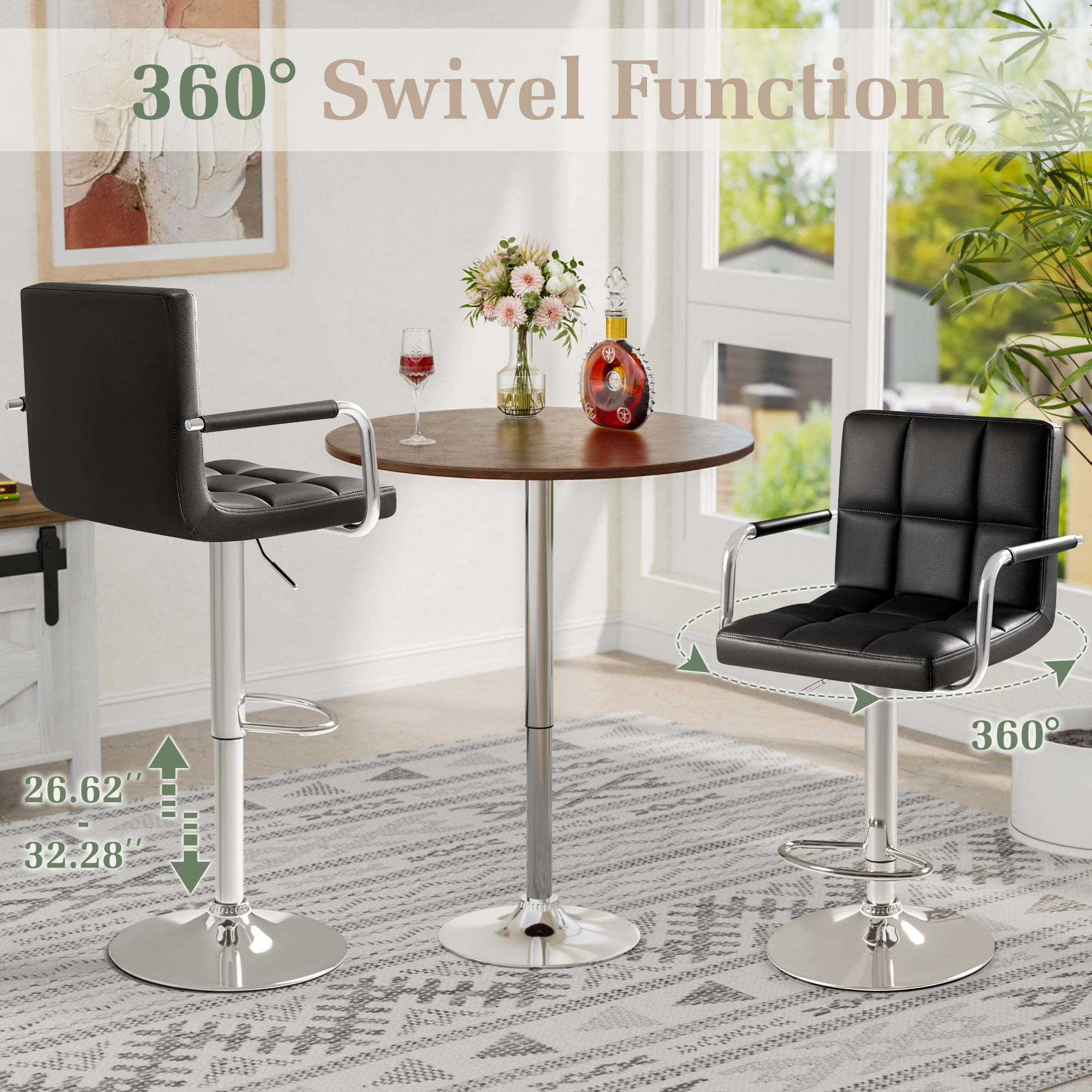 Homall Bar Stools Set of 2 Modern PU Leather Height Adjustable Hydraulic Kitchen Counter Square Island Swivel Barstool with Armrest, Black