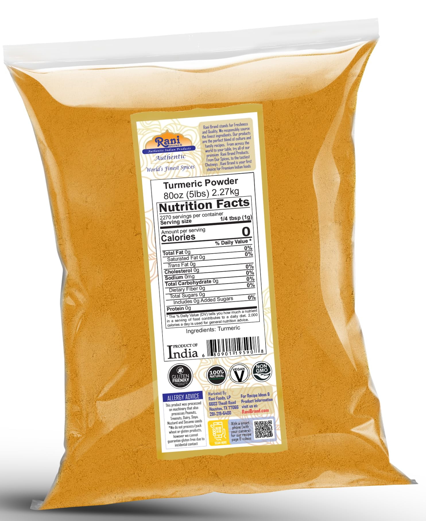 Rani Turmeric Root Powder Spice, Haldi (High Curcumin Content) 80oz (5lbs) 2.27kg Bulk ~ All Natural | 100% Pure, Salt Free | Vegan | Gluten Friendly | NON-GMO | Kosher | Indian Origin
