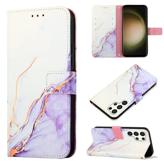 for Samsung Galaxy S24 Ultra PU Leather Wallet case, Marble Pattern Credit Card Holder,Flip Folio Book Kickstand Cover Women Men with Long Short Strap for Samsung Galaxy S24 Ultra, Purple/White