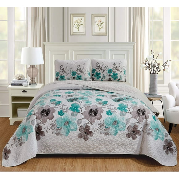 Luxury Home Collection Quilted Reversible Coverlet Bedspread Set Floral Printed King/California King