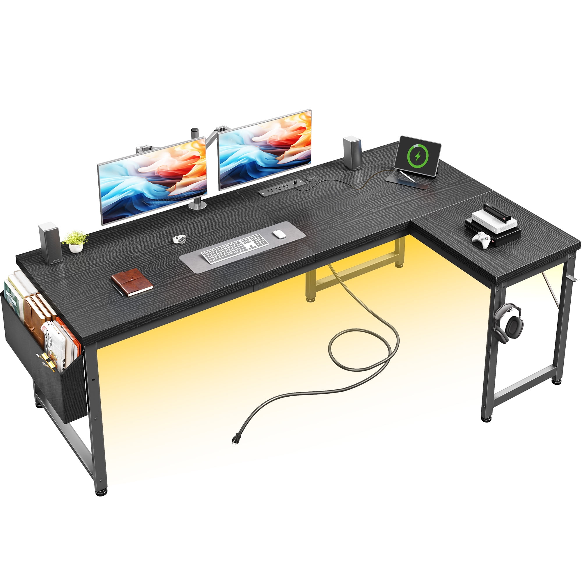 EnHomee L-Shaped Desk with Storage Reversible Gaming Desk with LED Lights Computer Desk with Storage Organizer,Black