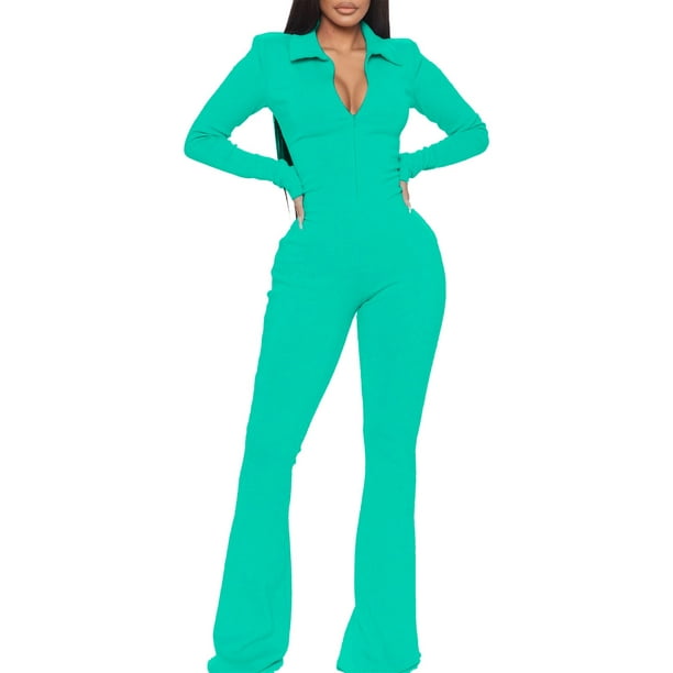 nsendm Womens Pants Adult Female Clothes Leather Bodysuit Long Sleeve  Autumn Ladies Office Rompers Flare Pants Zipper Long Sleeve Womens Jumpsuit  Long Green Size XL 