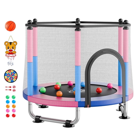 KFFKFF 55" Kids Trampoline with Safety Net, 4.6 FT Mini Trampoline for Toddlers, 132 lbs Capacity for Indoor and Outdoor Use,Includes Swing and Basketball Hoop,Ideal for Children's Gifts and Playtime