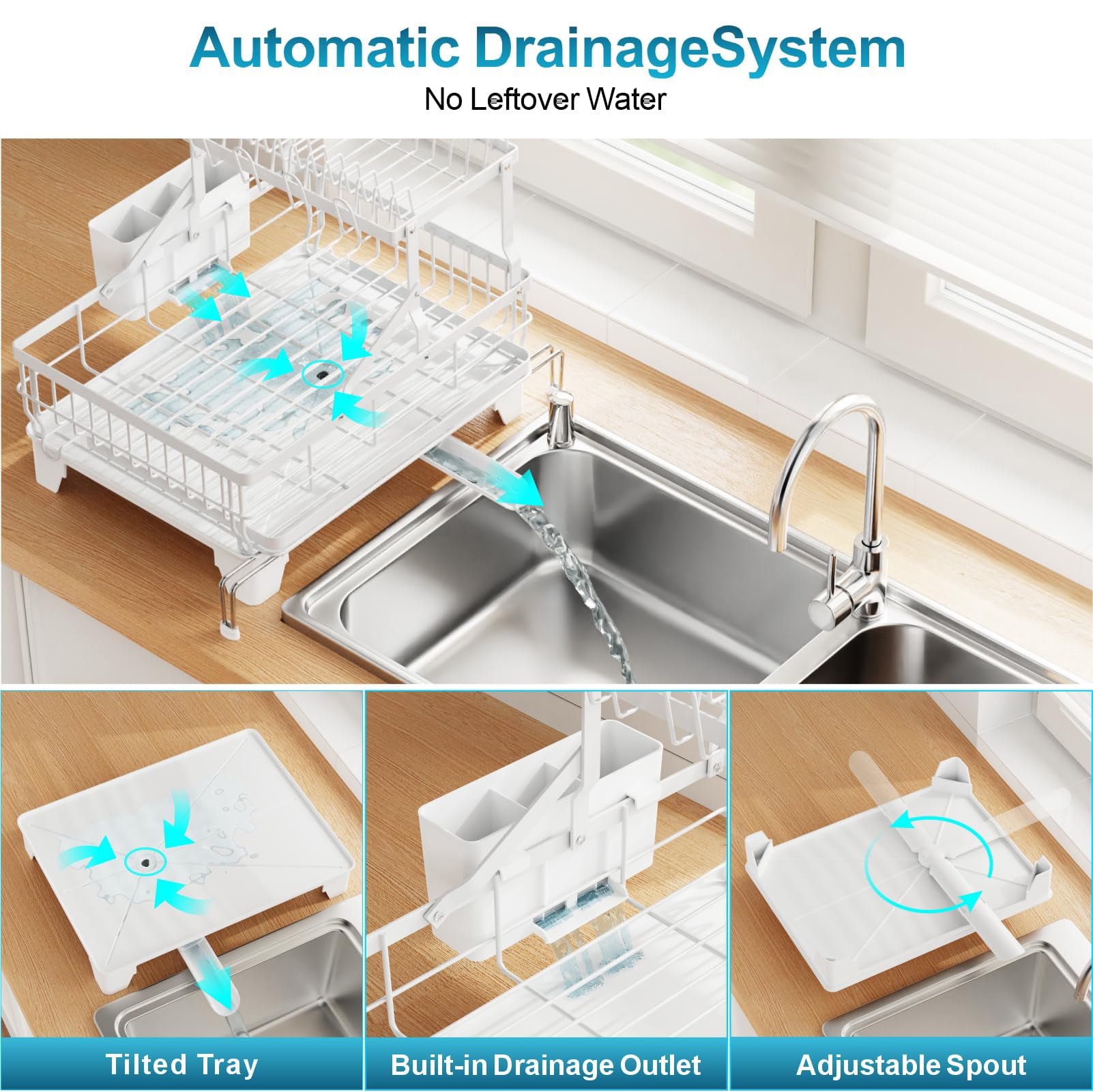 Large 2 Tier Dish Drying Rack  Expandable Heavy-duty For Kitchen Counter Rust-resistant Drainer With Utensil & Cup Holder Auto-drain 16.9" W X 14.4"-22.4" L White