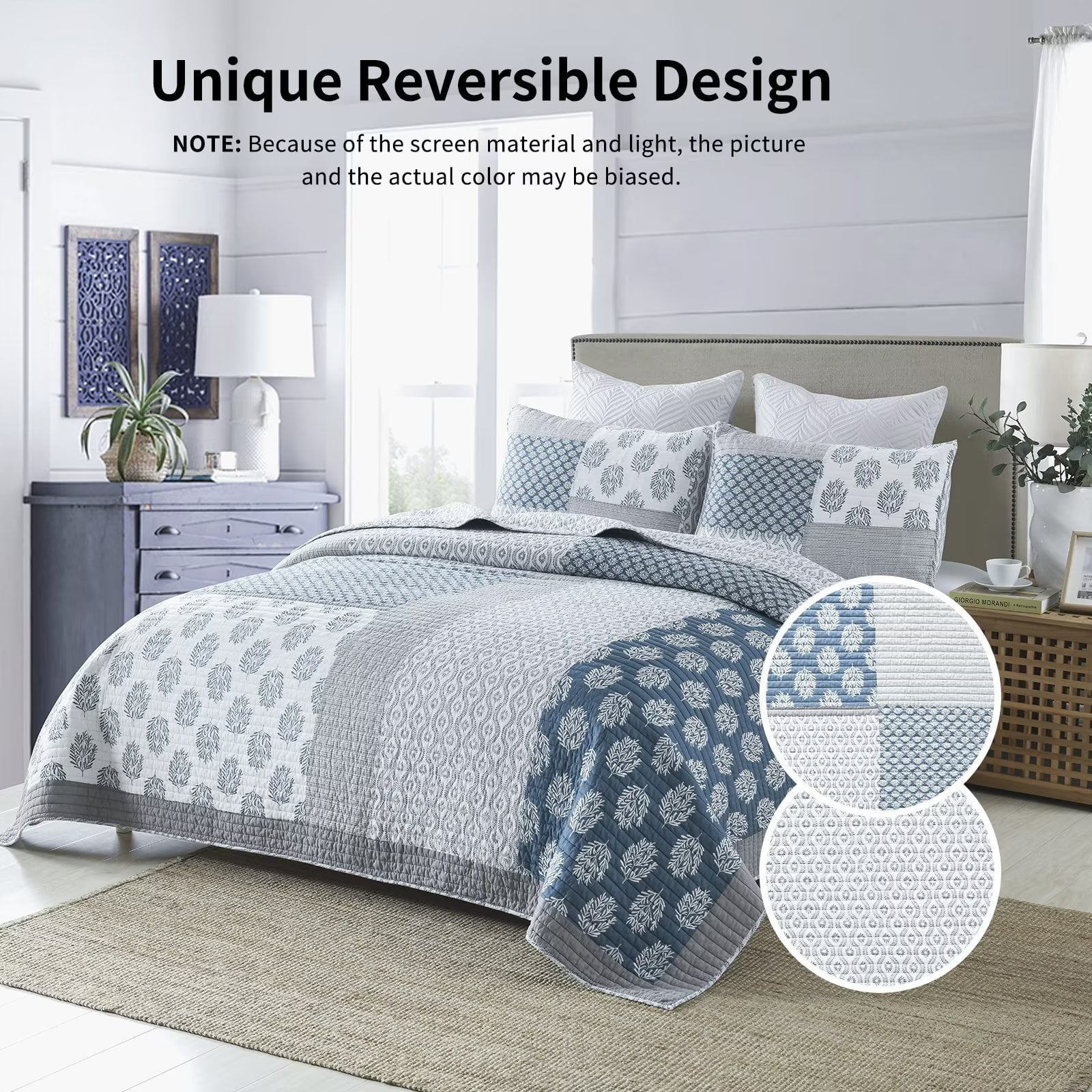 Bedduvit Queen Size Quilt Set - 100% Cotton Blue Gray Floral Real-Patchwork Plaid Striped Farmhouse Bedspread for Queen Bed, Reversible Lightweight Spring/Winter Comforter Bedding Set, 3-Piece 98"x90"