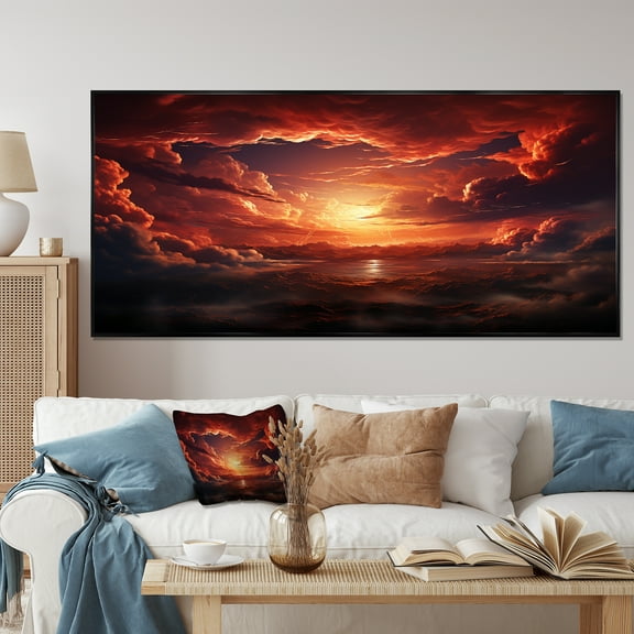 Designart "Sky Ablaze Stunning Sunset Views" Extra Large Landscapes Framed Wall Art - Traditional Red Sky Bedroom Framed Canvas Wall Art