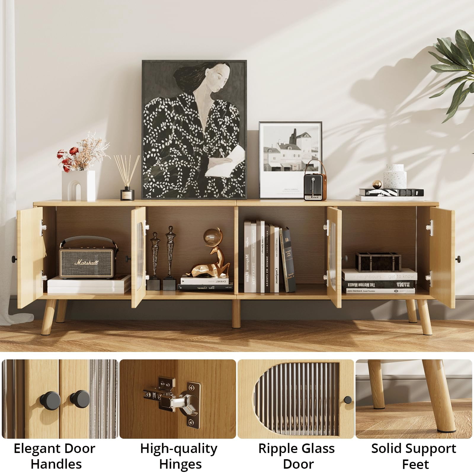 Richya TV Stand for 55/60/65 inches TV, Wood Media TV Cabinet with Glass Doors, Entertainment Center with Storage for Living Room, Bedroom, Oak