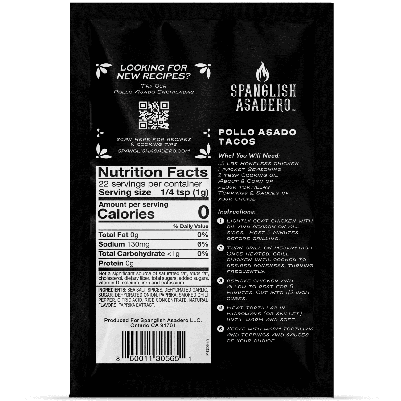 (5 pack) Spanglish Asadero Pollo Asado Seasoning Blend with Garlic, Smoked Chili, and Spices, 0.8 oz Packet