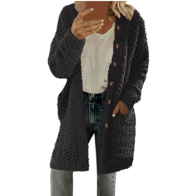 Kvture Sherpa Sweaters Coats for Women Fall Winter Fleece Long Jacket Solid Long Sleeve Button Down Jackets Fuzzy Warm Coat Soft Comfy Jackets with Pockets