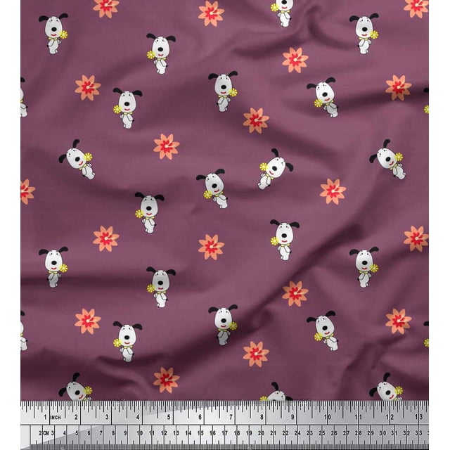 Soimoi Moss Georgette Fabric Floral & Dog Cartoon Print Fabric by Yard 42 Inch Wide