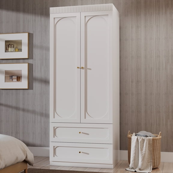 Armoire Wardrobe Closet with 2 Drawers, 2 Door Wardrobe Cabinet with Hanging Rod, Freestanding Clothes Storage Cabinet for Bedroom