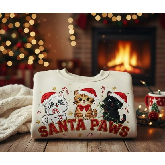 Santa Paws Embroidered Cat Christmas Sweatshirt, Cute Holiday Kitty Sweater, Cozy Festive Pet Lover Pullover, Winter Gift Apparel