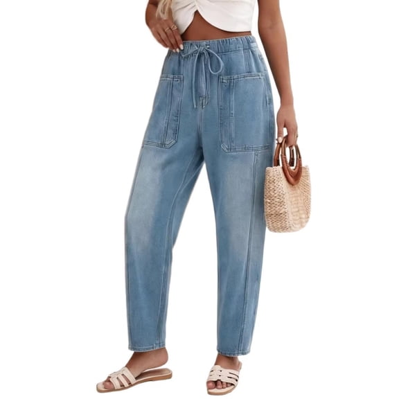PBFRDSJ Womens Cargo Denim Capri Pants High Stretch Elastic Waist Jeans Casual Loose Ankle-Length Barrel Pants with Pockets