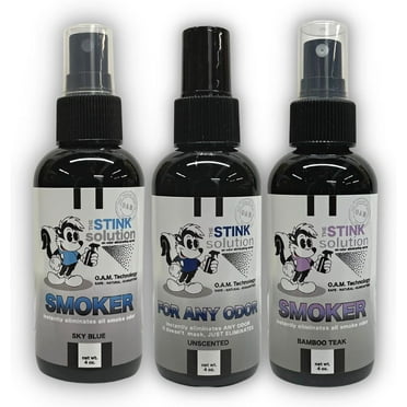 The Stink Solution Smoke Odor Eliminator Spray 3 4 oz Bottles Bamboo Teak, Sky Blue, & Unscented