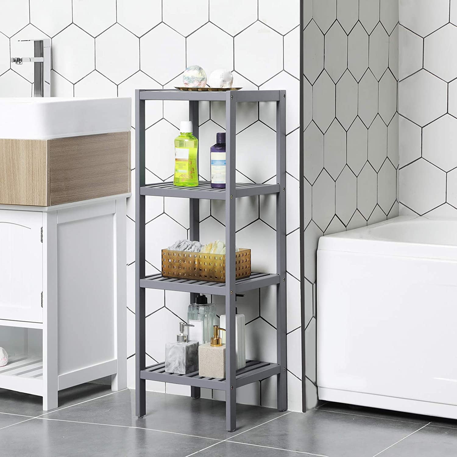 Private Jungle Bamboo Bathroom Storage Shelf,4-Layer Multifunctional Shelving Unit,Gray Private Jungle Bamboo Bathroom Storage Shelf,4-Layer Multifunctional Shelving Unit,Gray