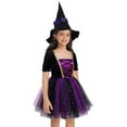thumbnail image 4 of IEFIEL Kids Girls Halloween Witch Costume Carnival Party Dress Up Velvet Bubble Sleeve Tutu Dress with Hat Purple 12, 4 of 7