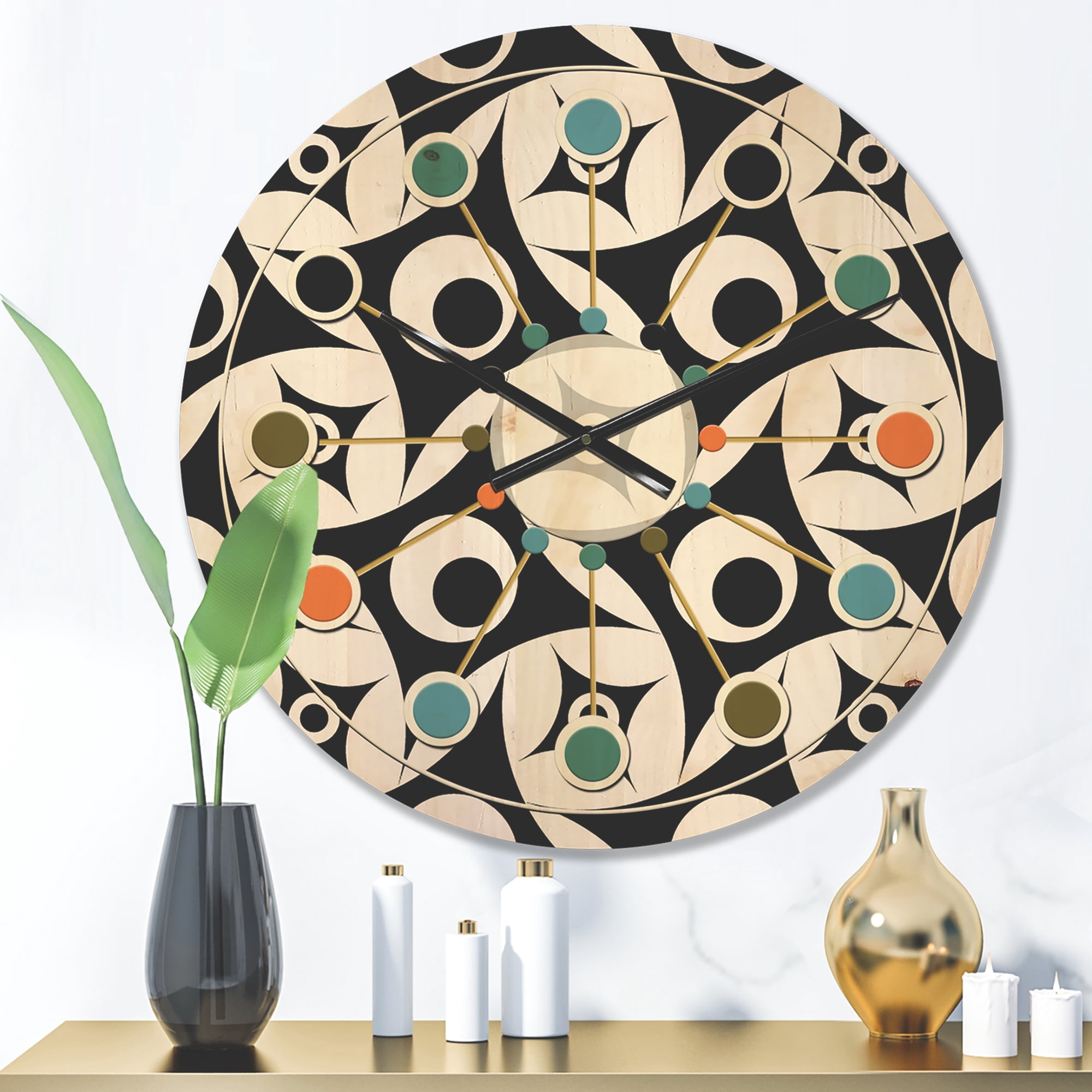 Designart 'Black and White Geometric Pattern VII' Mid-Century Modern Wood Wall Clock