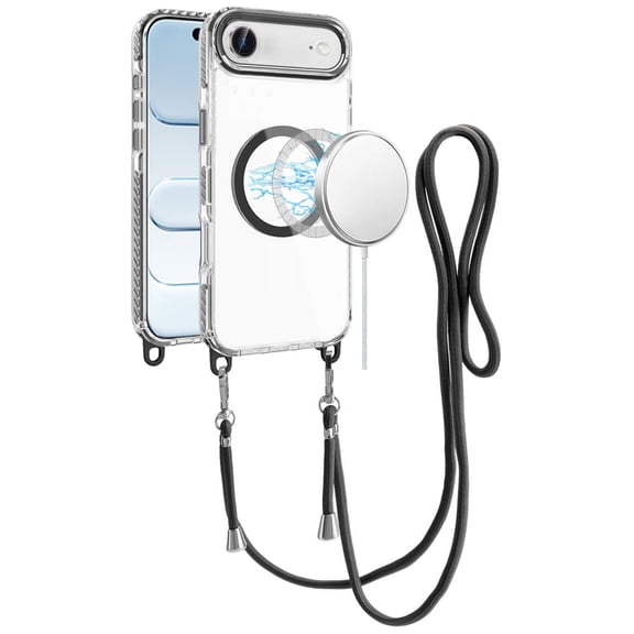For Apple iPhone 17 Air (6.6") Phone Case, Clear Magnetic Frame PC Back Shockproof Protective Case with Detachable Lanyard Strap, Compatible with MagSafe Cover for Iphone 17 Air - Black