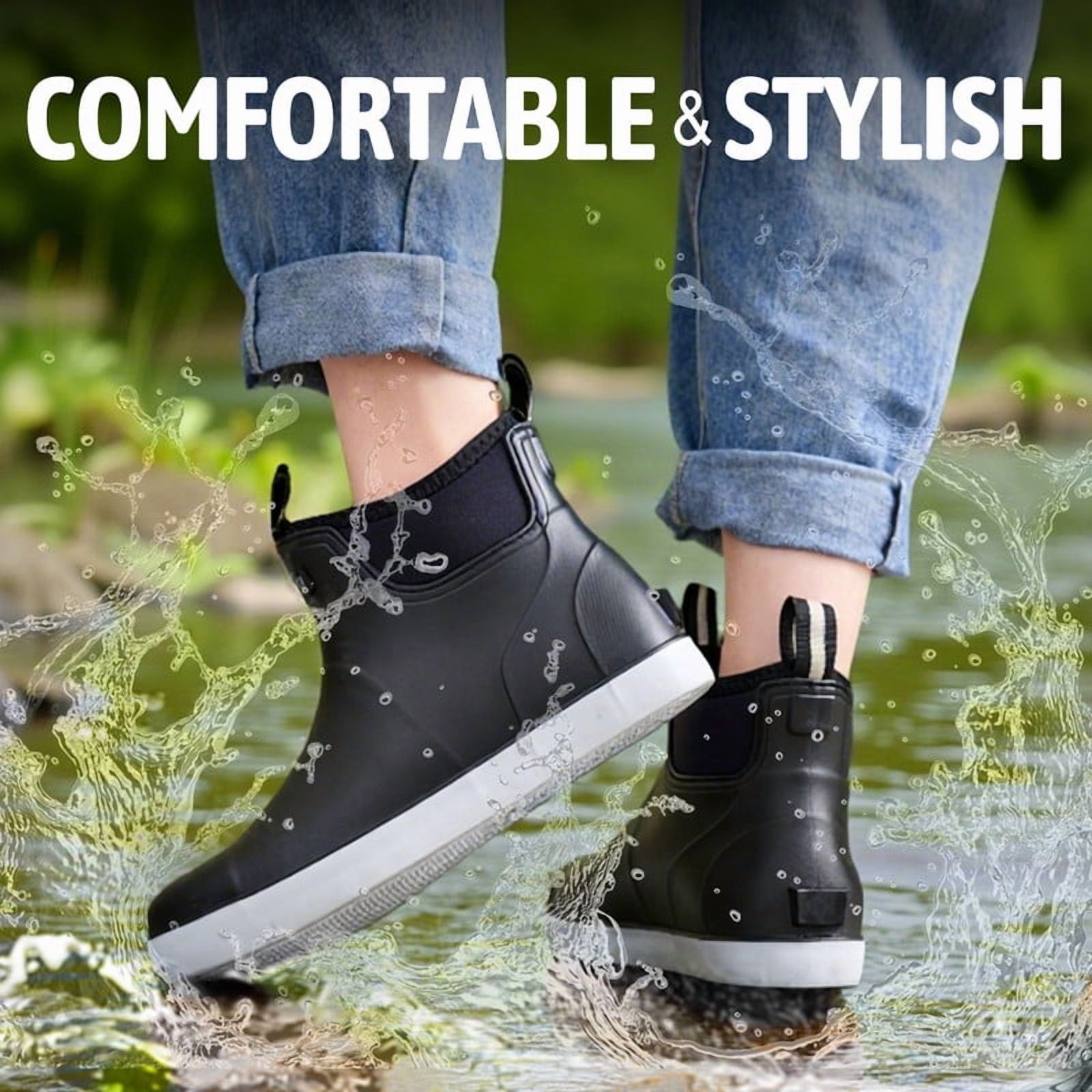 LAoutun Men's Deck Boots Waterproof Rain Boots Slip On Fishing Boots Ankle Fishing boots Black