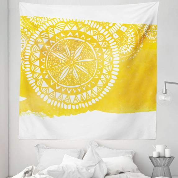 Yellow Tapestry, Mandala Pattern Art Geometric Floral Style Oriental Illustration Print, Fabric Wall Hanging Decor for Bedroom Living Room Dorm, 5 Sizes, Yellow White, by Ambesonne
