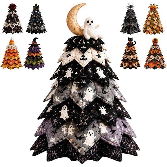 DIY Halloween Quilted Fabric Tree Kit 3D Handmade Padded Sewing Craft Decor | Holiday Mantel Decor, Handmade Tabletop Gift for Craft Lovers, Black Cat Pumpkin Witch Design, Charming Patchwork Bundle