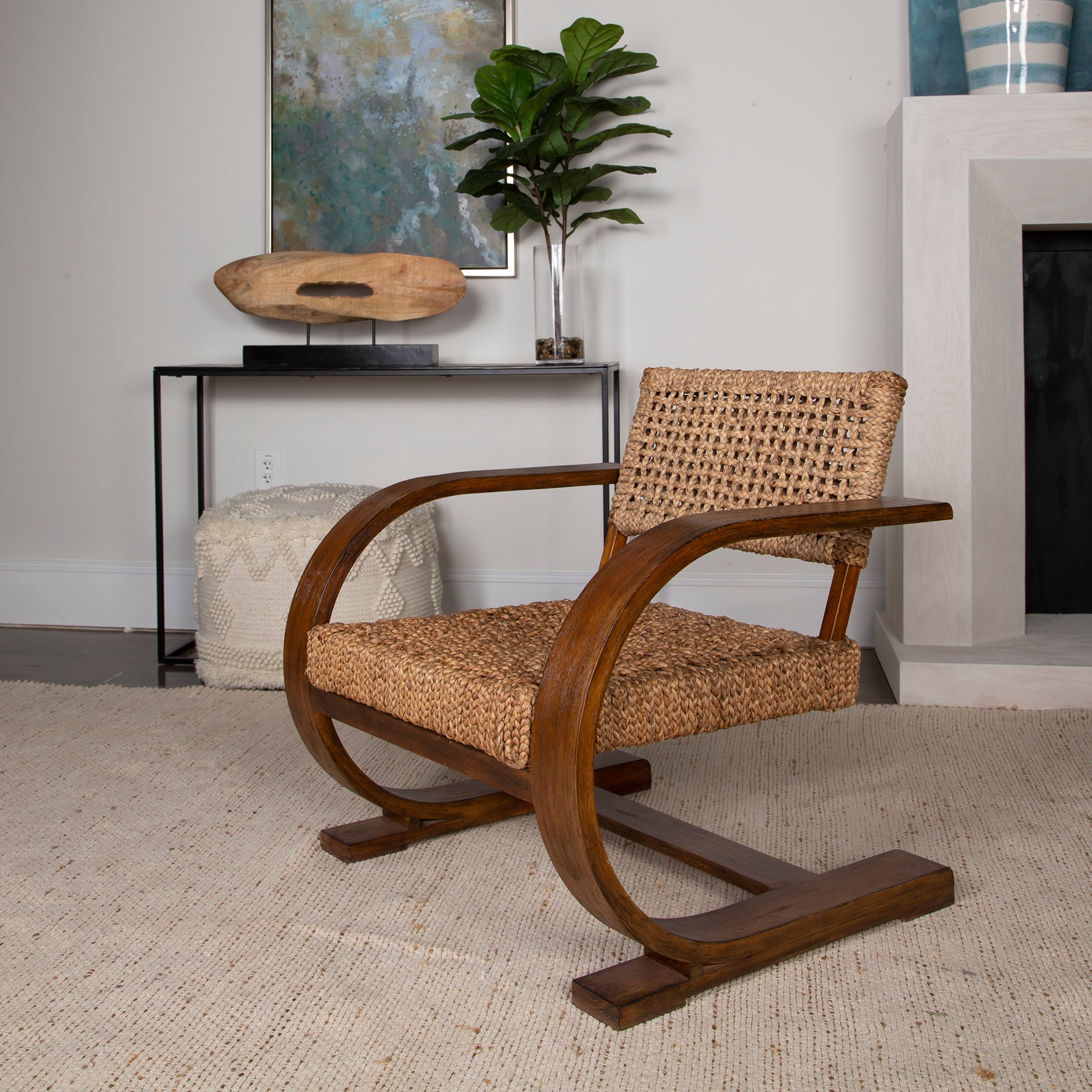 Rehema Natural Woven Banana Fiber and Solid Wood Accent Chair