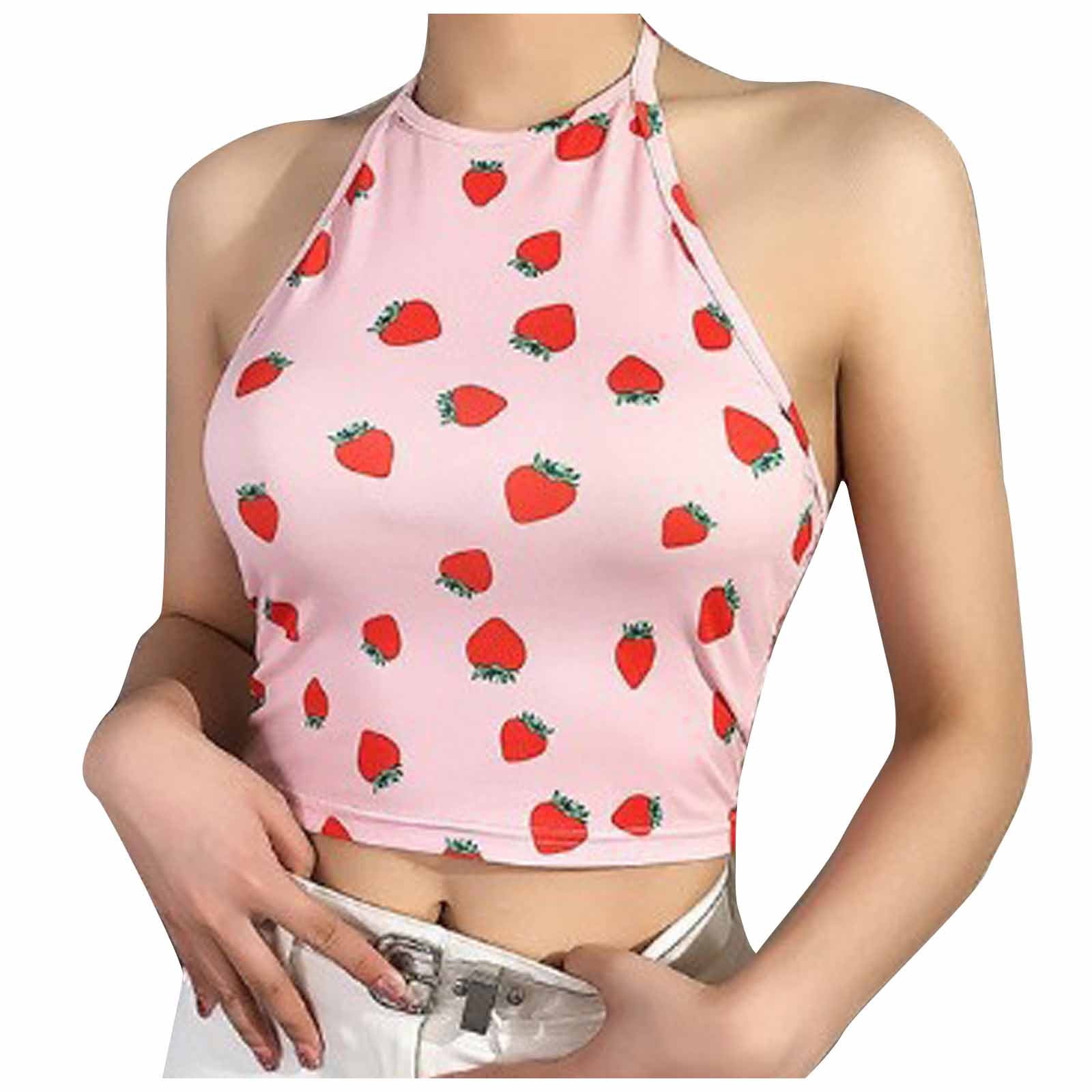 spoel kalkoen Kwijtschelding Womens Sexy Halter Crop Top Strawberry Print Sleeveless High Neck Cute  Backless Tanks Teen Girls Summer Clothes - Walmart.com