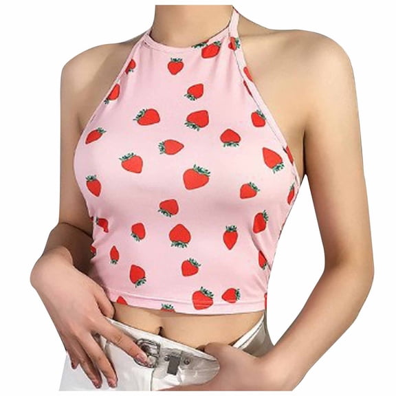 ibuvkizy Womens Tank Tops Loose Fit,Women's Fashion Casual Sleeveless Strawberry Print Hanging Neck Short Vest,Gifts for Women
