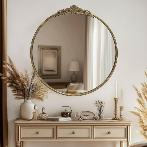 Vintage Round Mirror 30'' Ornate Metal Frame Decorative Wall Mirror Bathroom Vanity Antique Circle Mirror Decor for Dressing Table, Bedroom, Living Room, Hallway (Antique)