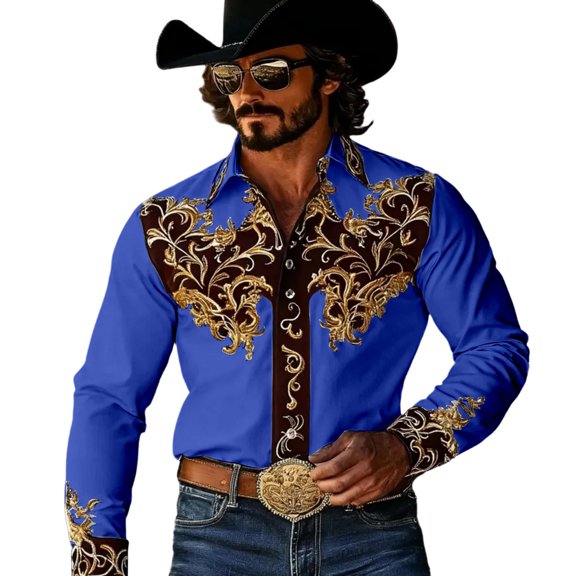 xfsWaSs Men's Western Cowboy Shirts Retro Print Western Shirt Long Sleeve Cowboy Collared Button Down Tops Casual Blouses Festival Party Shirts