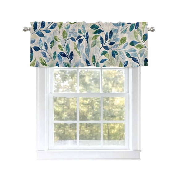 Navy Blue Leaves Curtain Valances for Windows, Green Summer Botanical Rustic Kitchen Valance Window Treatment, Light Filtering Block Curtains for Bathroom/Bedroom/Living Room 54'' x 18''