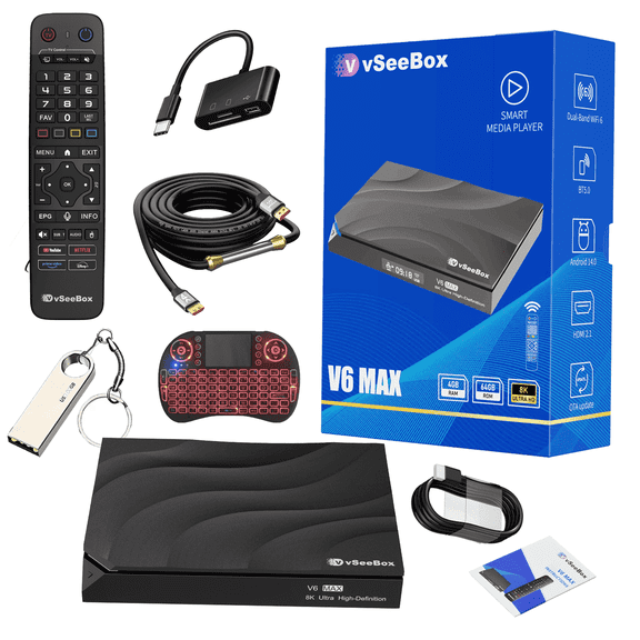 Vseebox V6 Max 2026 Android 14 TV Box, 8K HDRi 4GB 64GB Wi-Fi6 Parental Control