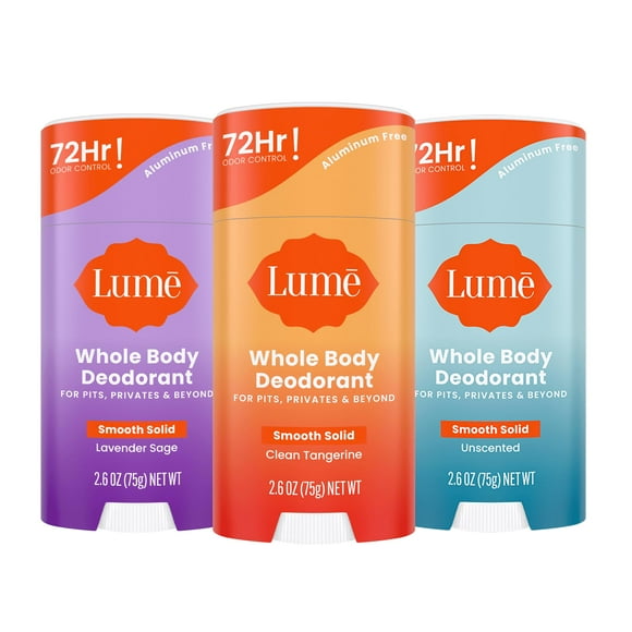Lume Whole Body Deodorant - Smooth Solid Stick - 72 Hour Odor Control - Aluminum Free, Baking Soda Free and Skin Safe - 2.6 Ounce (Pack of 3) (Clean Tangerine, Lavender S