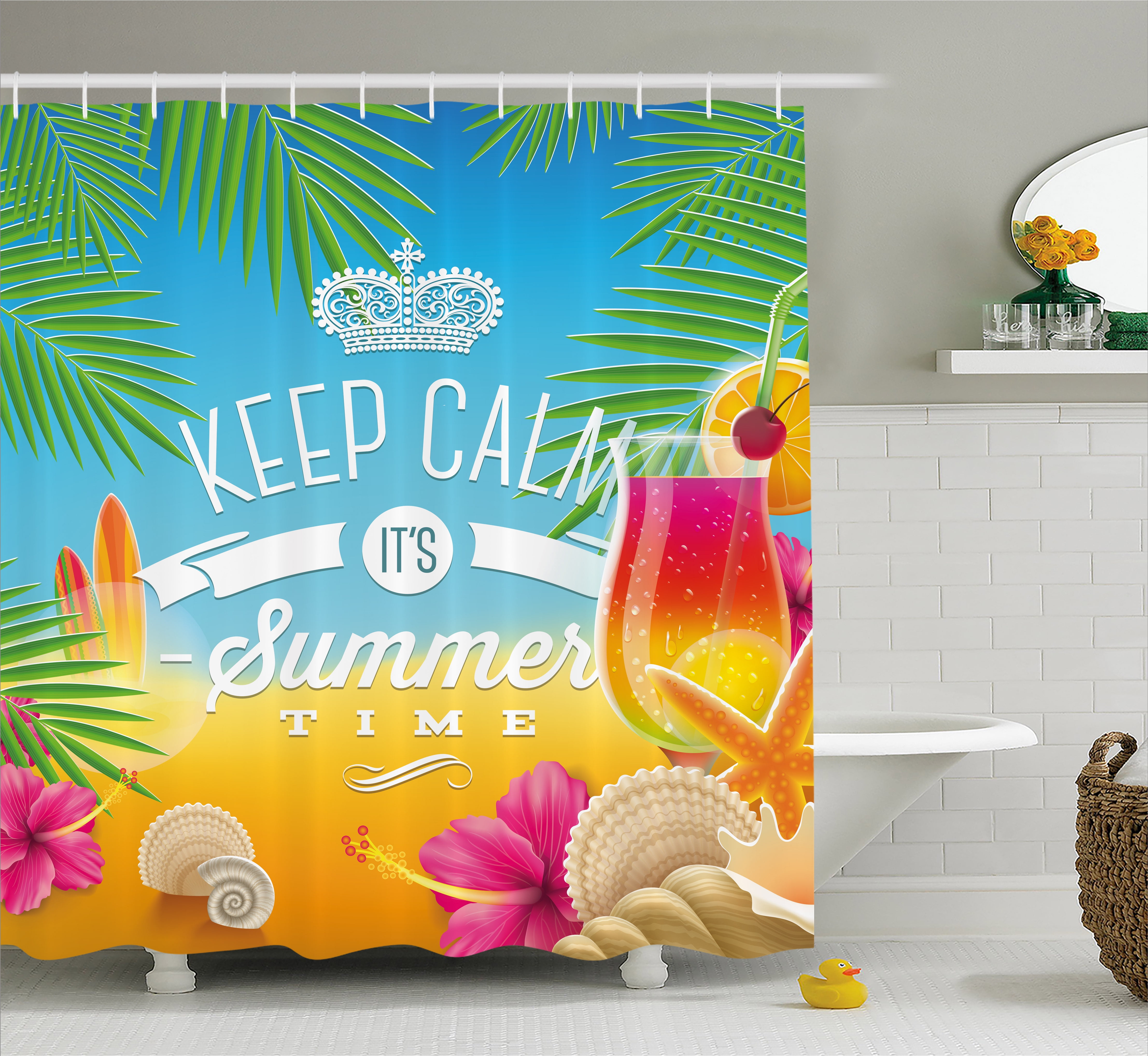 Beach Shower Curtain, Its Summer Time Colorful Tropic Arrangement