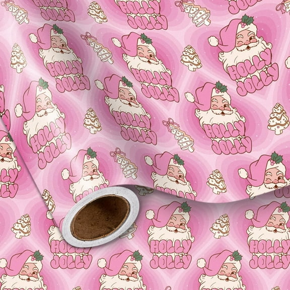 WarmHaven Funny Christmas Wrapping Paper Roll,Holly Jolly Pink Santa Cookie Tree Humor Design,Cute Winter Holiday Gift Wrap for Girls Kids Teens Adults,Pink Christmas Decor,Mini Roll 17 in x 16.4 Ft