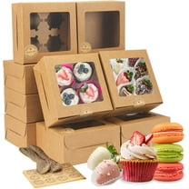 50 PCS Cookie Boxes with Window, 6x6x3 Inch Cupcake Boxes, Brown Bakery Containers for Pastry, Dessert, Chocolate Strawberries, Treat Boxes with Stickers & Jute Twine