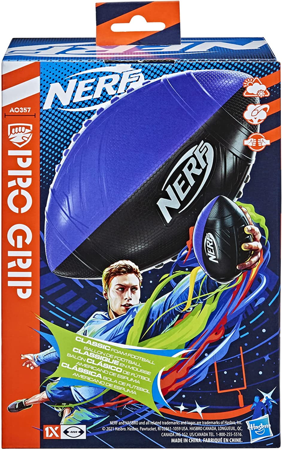 Nerf Pro Grip Classic Foam Football, Easy to Catch and Throw, Indoor Outdoor