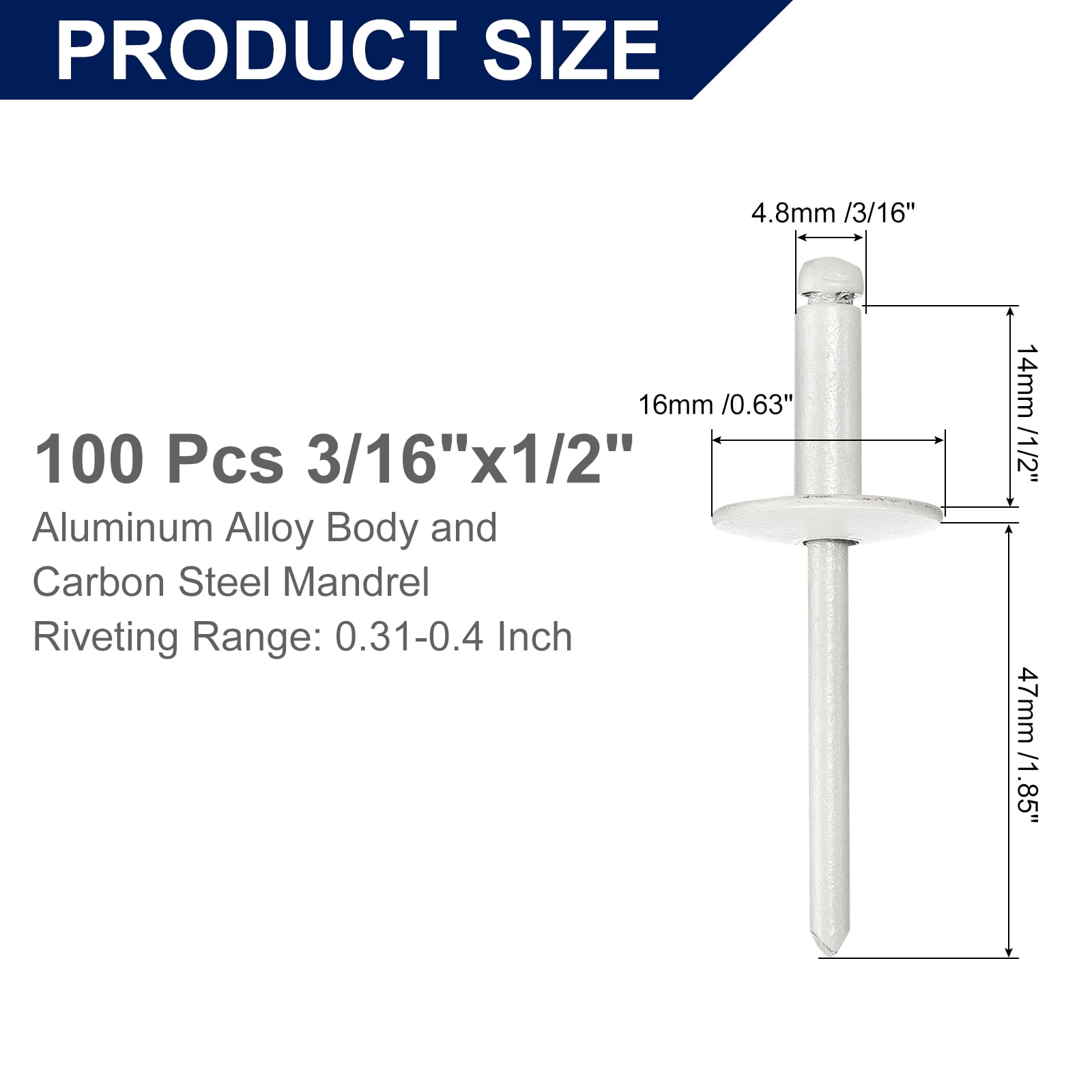 Uxcell 100Pcs 3/16"x1/2" Aluminum Blind Rivets, Large Flange Rivets Fasteners, Gray