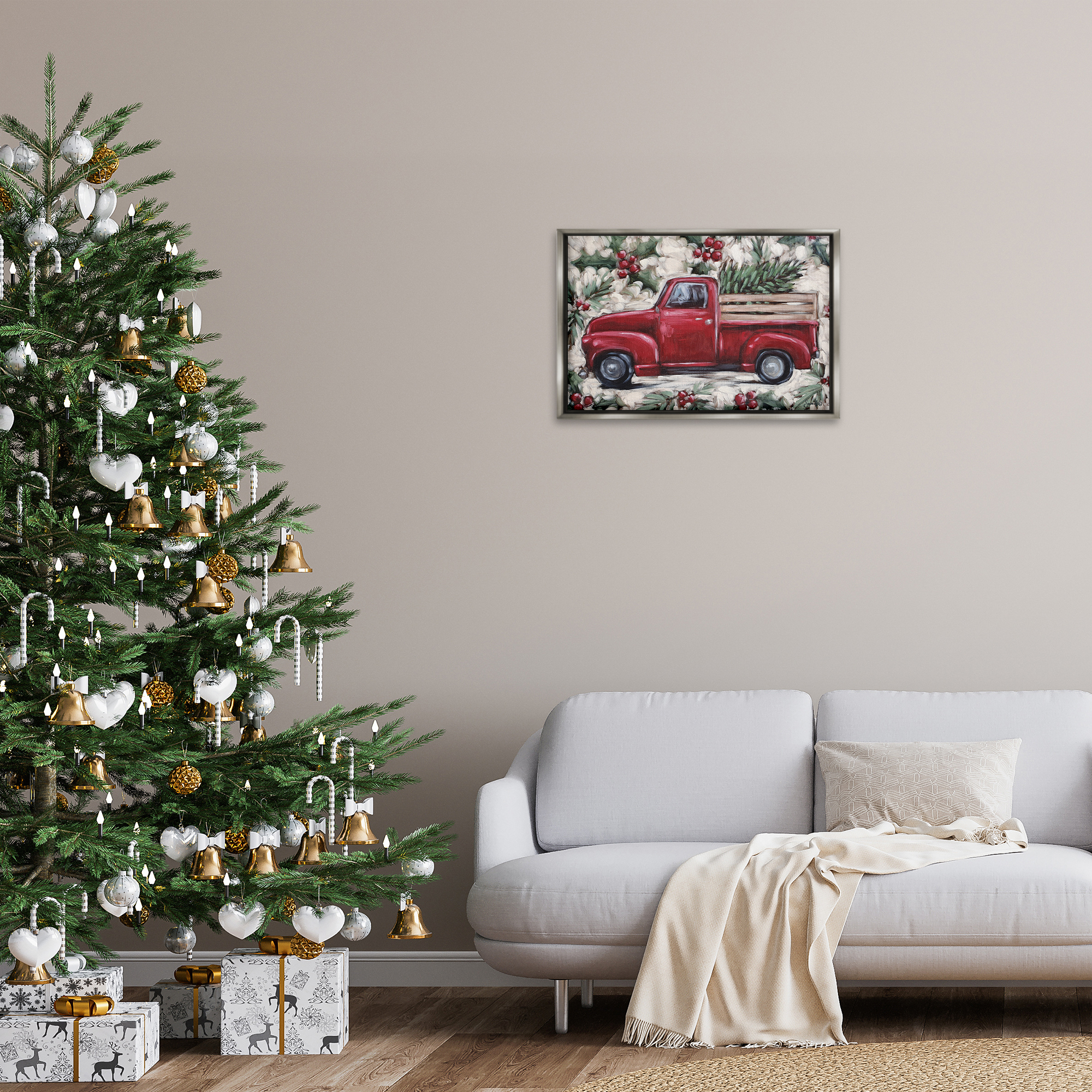 Stupell Industries Pickup & Festive Holly Holiday Painting Gray Floater Framed Art Print Wall Art, 25 x 17