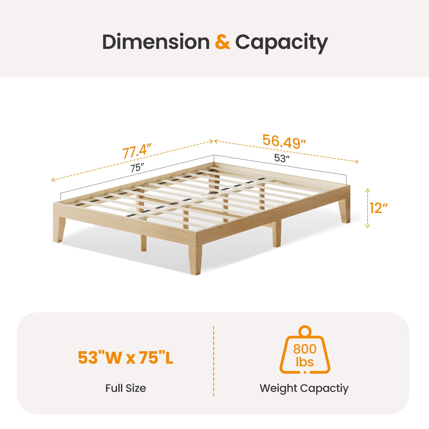 EOP Full Size Bed Frame, Solid Wood Bed Frame with Under Bed Storage, Platform Bed Frame with Wooden Slats, No Box Spring Required, Pine