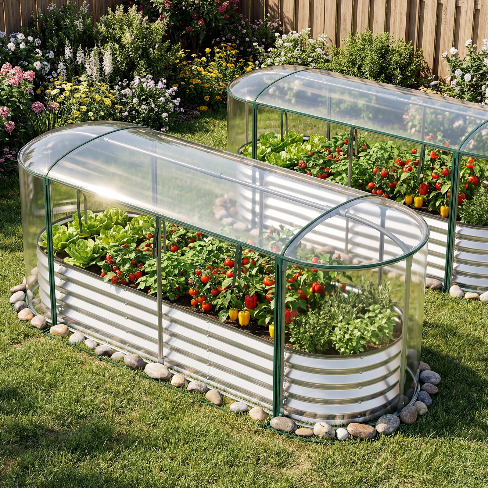 Costway 6 x 2 x 1 FT Color Steel Raised Garden Bed with Greenhouse Cover, Roll-up Window Silver+Transparent