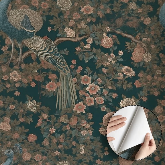Peacock Floral Wallpaper Vintage Aesthetic, Peel and Stick Wallpaper Waterproof, Removable Self Adhesive Vinyl for Home Decor, Bedroom Living Room Kitchen Cabinet Rental Property 17.7 * 118 in