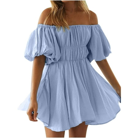 

Dresses for Women 2022 Womens Dresses Women s Sleeveless Plain Slash-Neck Summer Puff Sleeve Above Knee Mini Dress Clearance 2022 Summer Dresses Wedding Dress Long Sleeve Dress Blue L