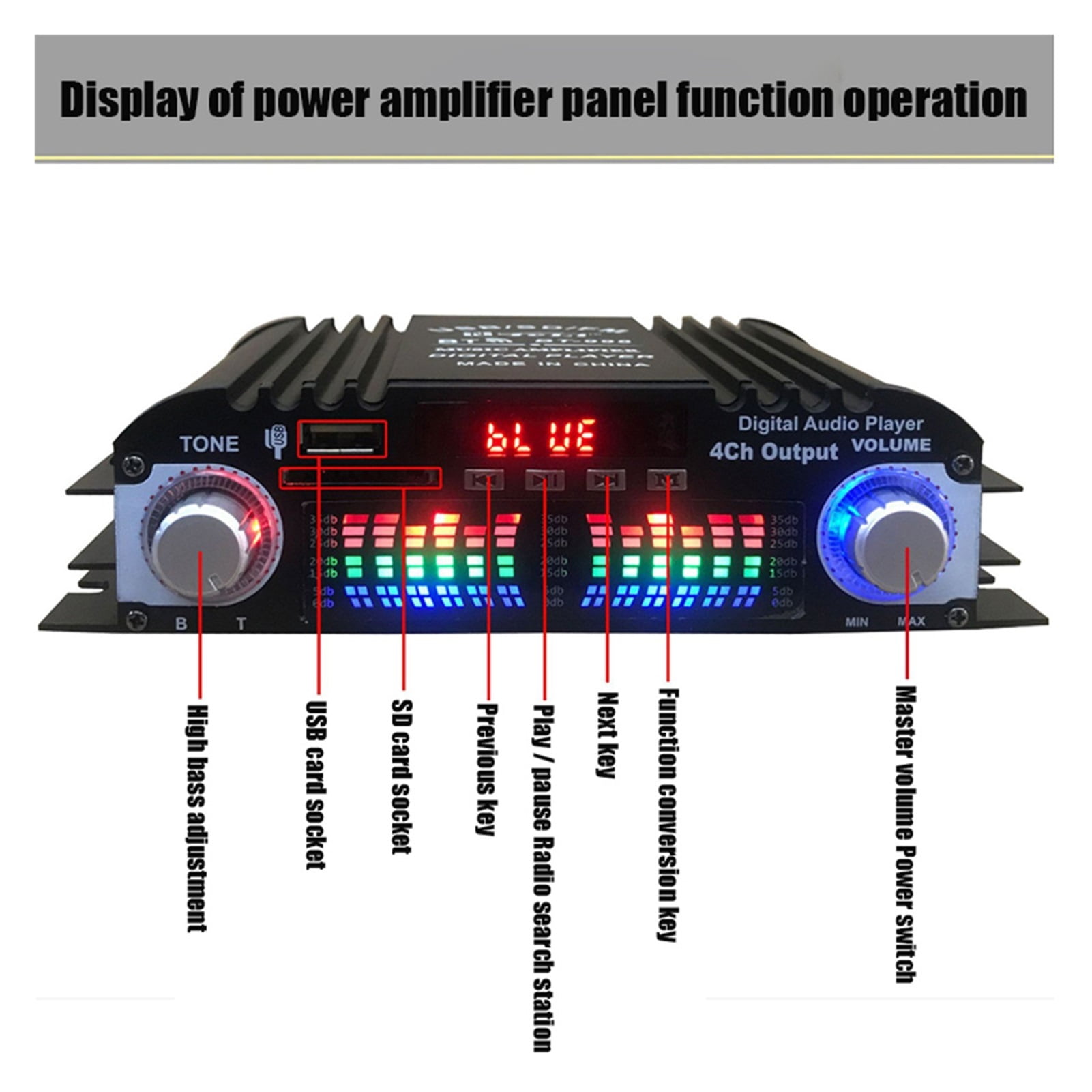 BT-998 Hifi Audio Home Digital Amplifiers Car Audio Bass Power Bluetooth Amplifier FM USB SD Radio For Subwoofer Speakers DC12V ,Powerful Sound Quality