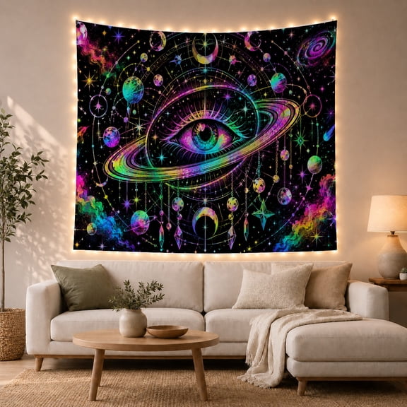 Moon Stars Hyper with Human Multicolored Iris Shades, Mystical Fantasy for Space Lovers, Galaxy Room Decor, Graduation Gift, Tapestry Wall Hanging for Bedroom and Dorm