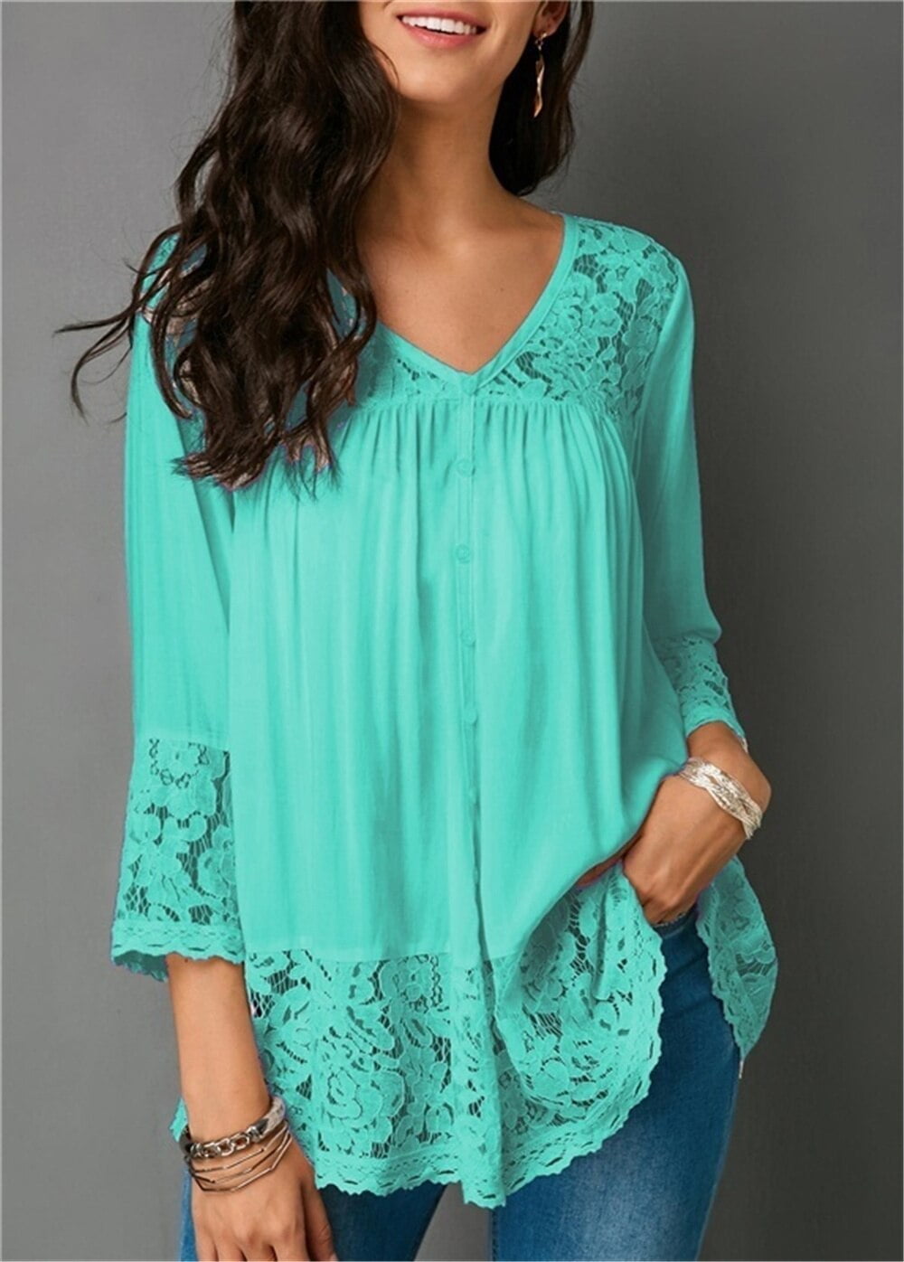 Women's Patchwork Lace V Neck Tunic Tops Casual Solid Color 3/4 Sleeves
